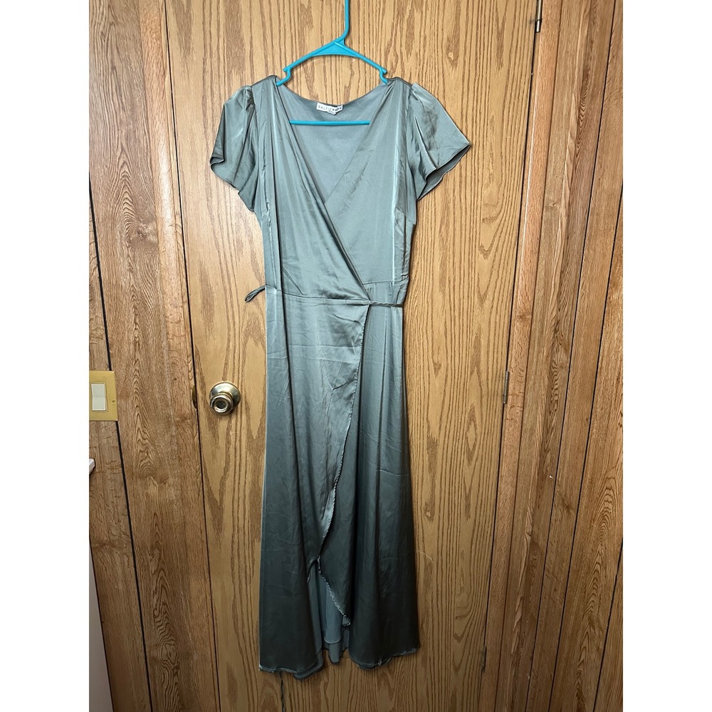 Baltic Born Sage Green Satin Wrap Maxi Dress Short Sleeve Bridesmaid Small
